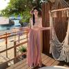 Yunnan Sanya Tourism Bohemian Style Purple Pink Plaid High Waist Wide Leg Pants Seaside Vacation Tassel Suspender Set