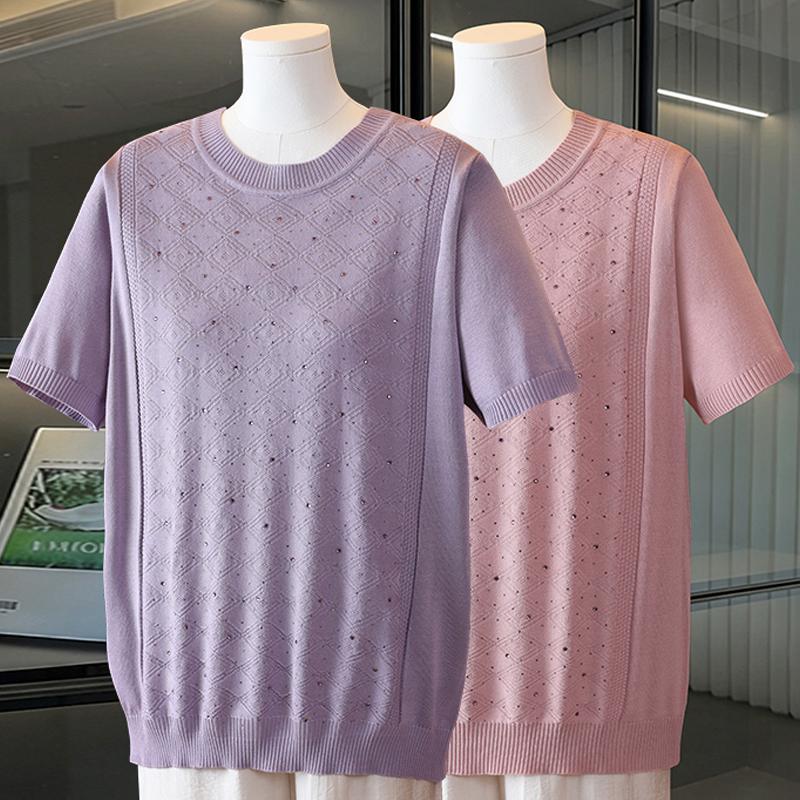 Women Plus Size Round Neck Short Sleeve Knit Sweater Rhinestone Diamond Jacquard Knit Top