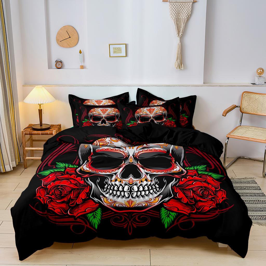 3-teiliges Gothic Mexikanischer Zuckerschädel Frau Bettbezug Bettwäsche-Set Blumen- & Schädelmuster - Ideal für Tag der Toten Feiern
