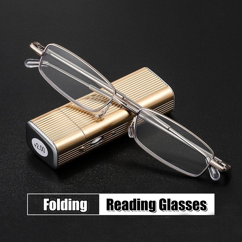 New Portable Folding Reading Glasses with Metal Box Fashionable Stretchable Eyeglasses Anti Blue Light Presbyopia Glasses