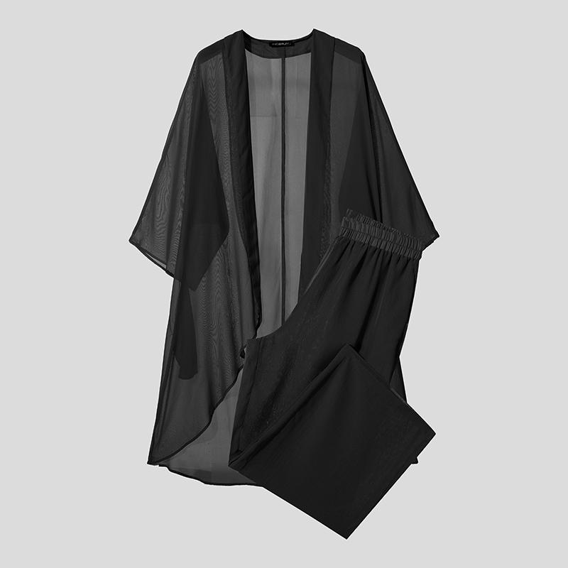 

INCERUN Мужские сетчатые прозрачные топы с неровным длинным рукавом, длинные брюки, повседневные комплекты-двойки 3XL чёрный