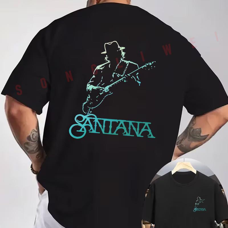 Santana Guitarist Silhouette Print Motorcycle T-Shirt Double-Sided Print Men's Summer Short Sle