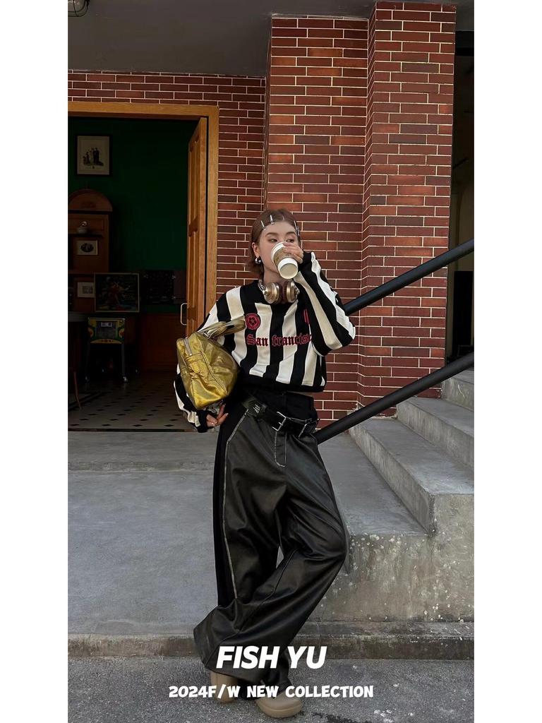 2025 Spring/Autumn Retro Jersey Vertical Stripe Letter Print Polo Collar Sweatshirt for Women