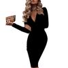 Módní dáma jednobarevné šaty s dlouhým rukávem, křížem do V, výstřihem Bodycon Banquet Midi