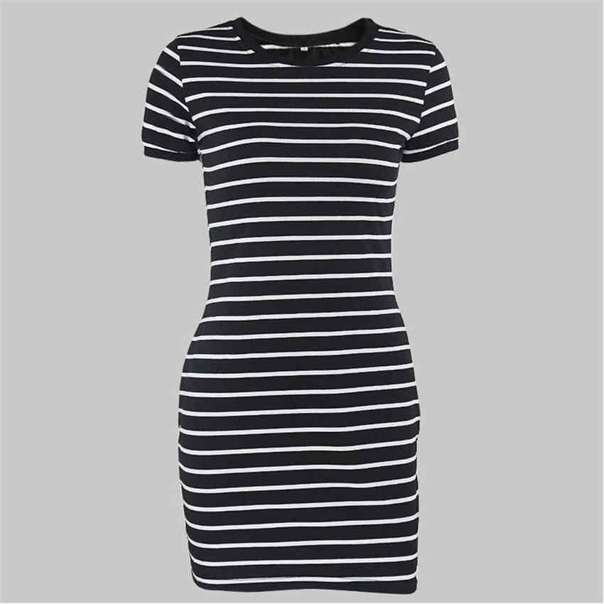 Women Striped Bodycon Dress Summer Short-sleeved Casual Dress Round Collar Beach Holiday Dress