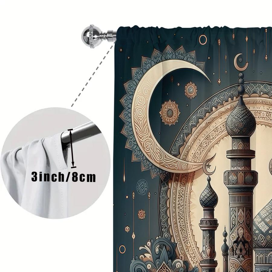 2pcs Ornate Mosque & Crescent Curtains, Ideal for Ramadan/Eid Window Decor, Exquisite Home Living Room Bedroom Decor