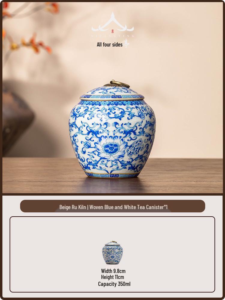 Ru Ware Blue & White Ceramic Tea Caddy: Moisture-Proof Chinese Style Sealed Storage for High-Grade Green, White, and Pu er Tea. 350ml