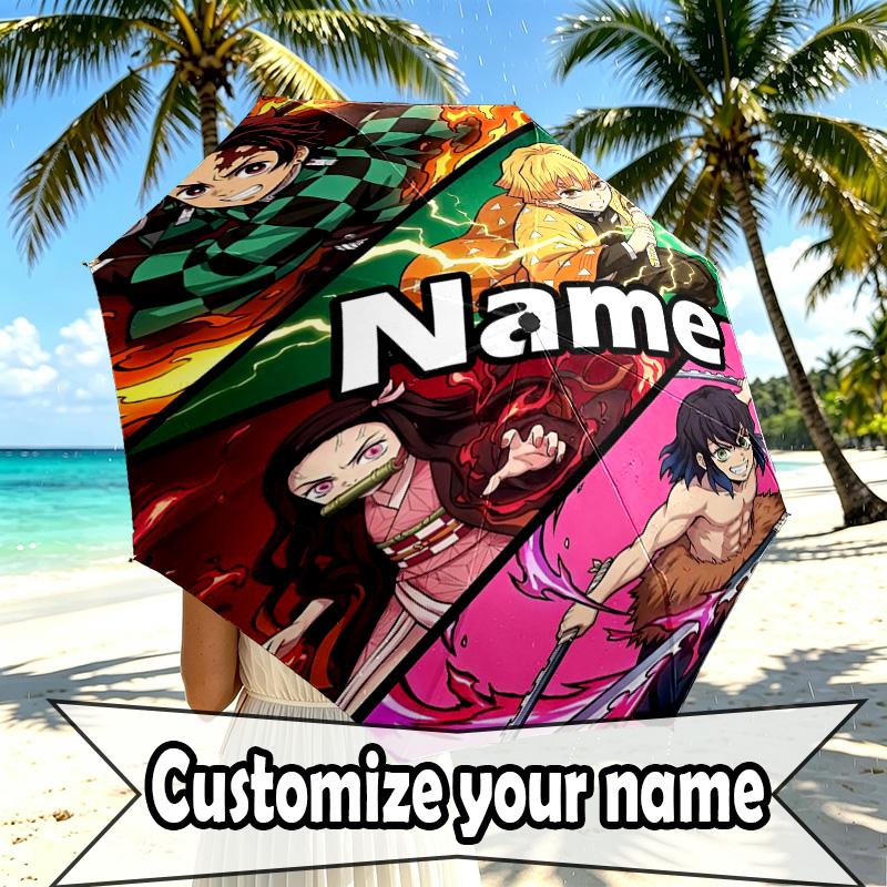 Custom Name Personalized Demon Slayer Print Umbrella, Auto Open Close, 8‑Rib Sturdy Frame, Commute Camping Hiking Use, Birthday Gift