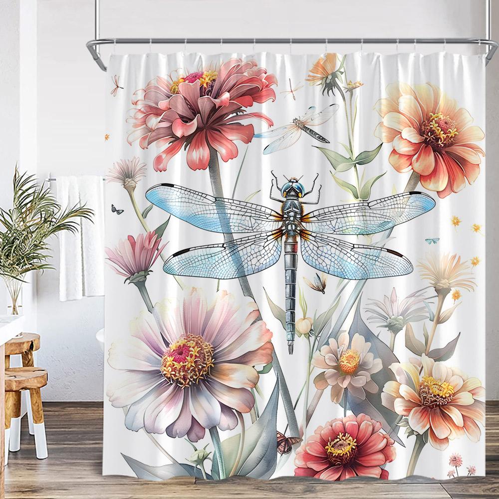 Dragonfly Floral Shower Curtain Insect Flower Wistera Plant Bathroom Decor Modern Polyester Bath Curtain With Hook With Hook