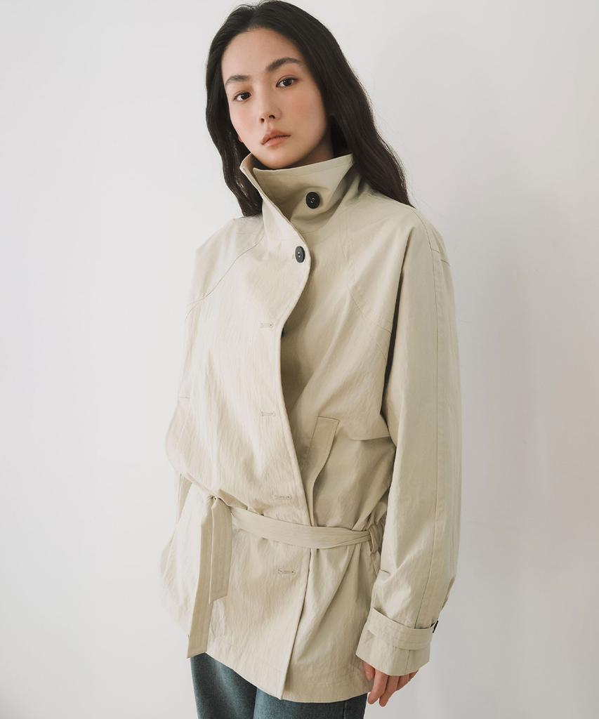 Yearning High Neck Belted Half Jacket, Beige