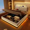 Letto imbottito, 140*200cm, con striscia luminosa a LED, contenitore idraulico, vari scomparti, senza materasso, USB + Type-C, Lino, Beige