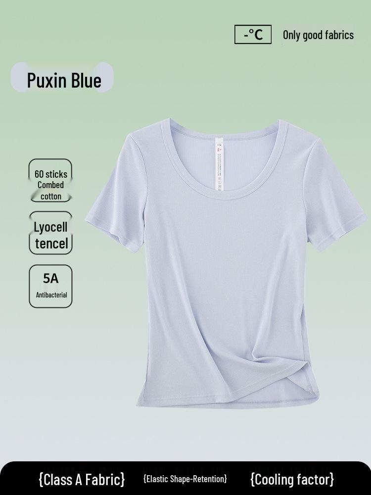 5A Antibakterielles Damen einfarbiges Tencel Baumwoll Ripp Kurzarm Sommer T-Shirt