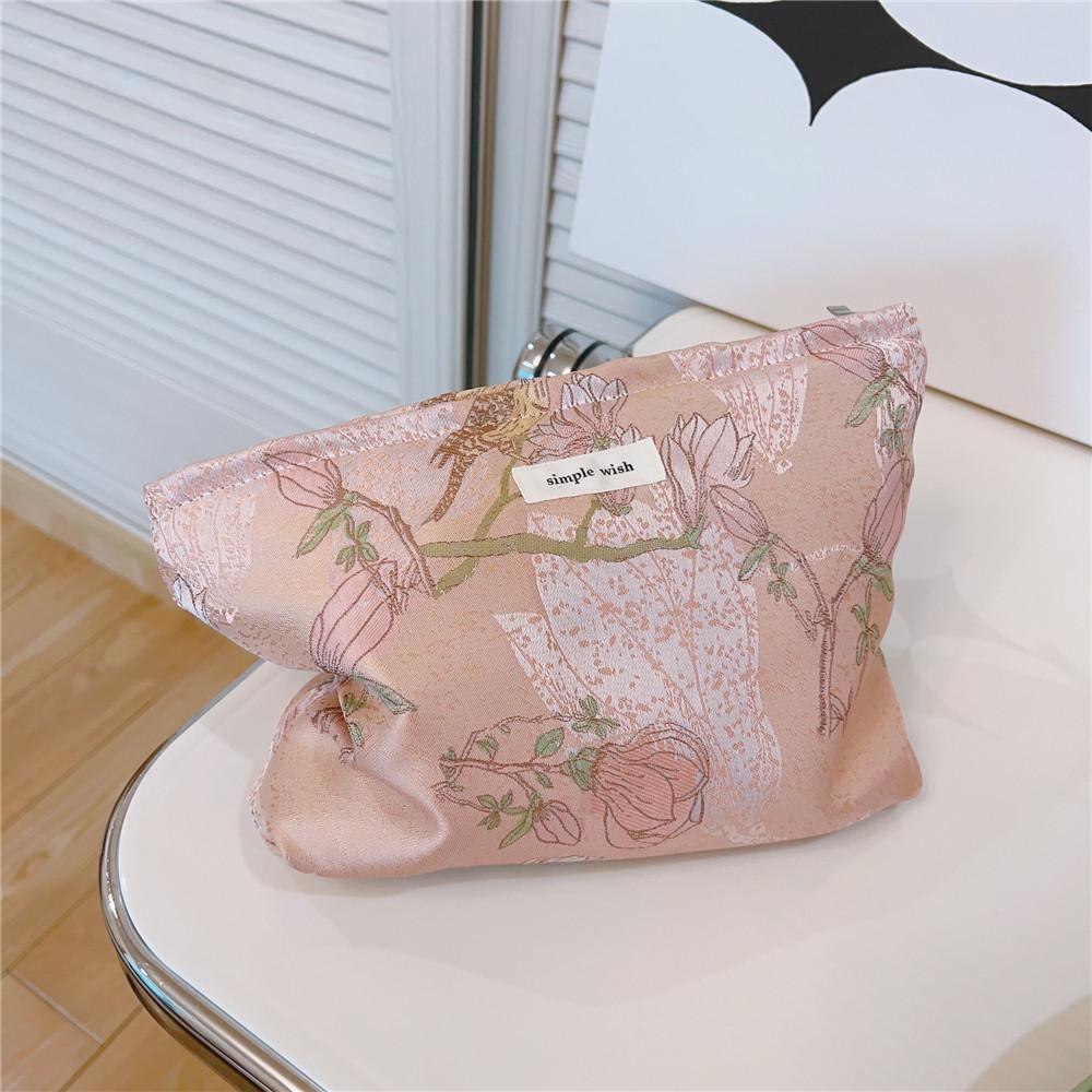 

National Style Bird Flower Pattern Makeup Bag Canvas Zipper Purse Portable Cosmetic Pouch Organizer Bag Pink