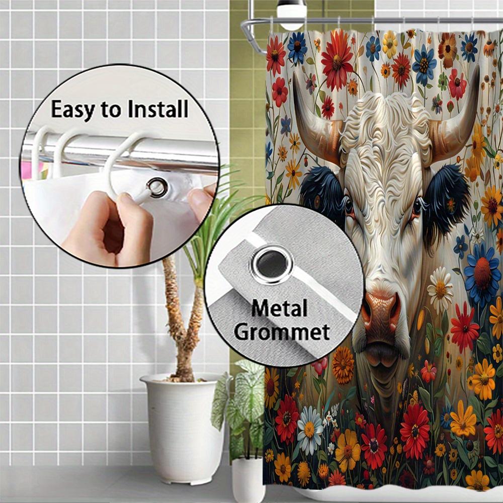 Whimsical Cow & Floral Bath Curtain -Colorful Flowers & Playful Design,Waterproof Home Decor Adds Fun And Charm To Your Bathroom