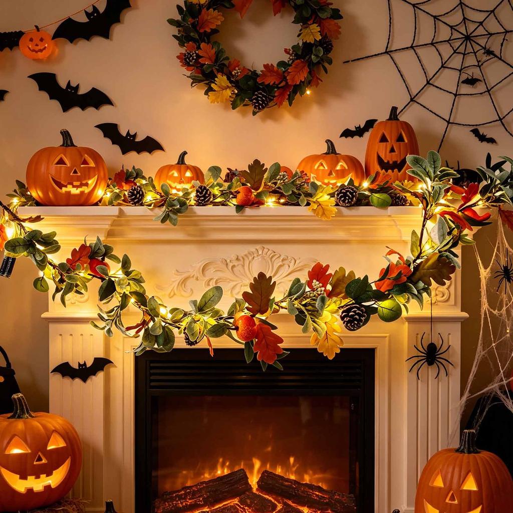 Artificial Pumpkin Maple Leaf Garland 67in Faux Vine Decorative Fall Harvest Fireplace Mantel Cabinet Hanging Ornament for Home