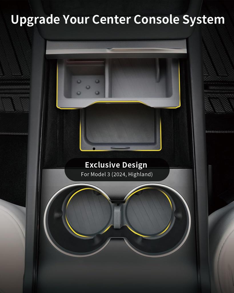 JOWUA Center Console Set for Tesla Reengineered Model 3 Highland Center Console 2 Cup and Premium Silicone Cable Organizer Mat 2024+,