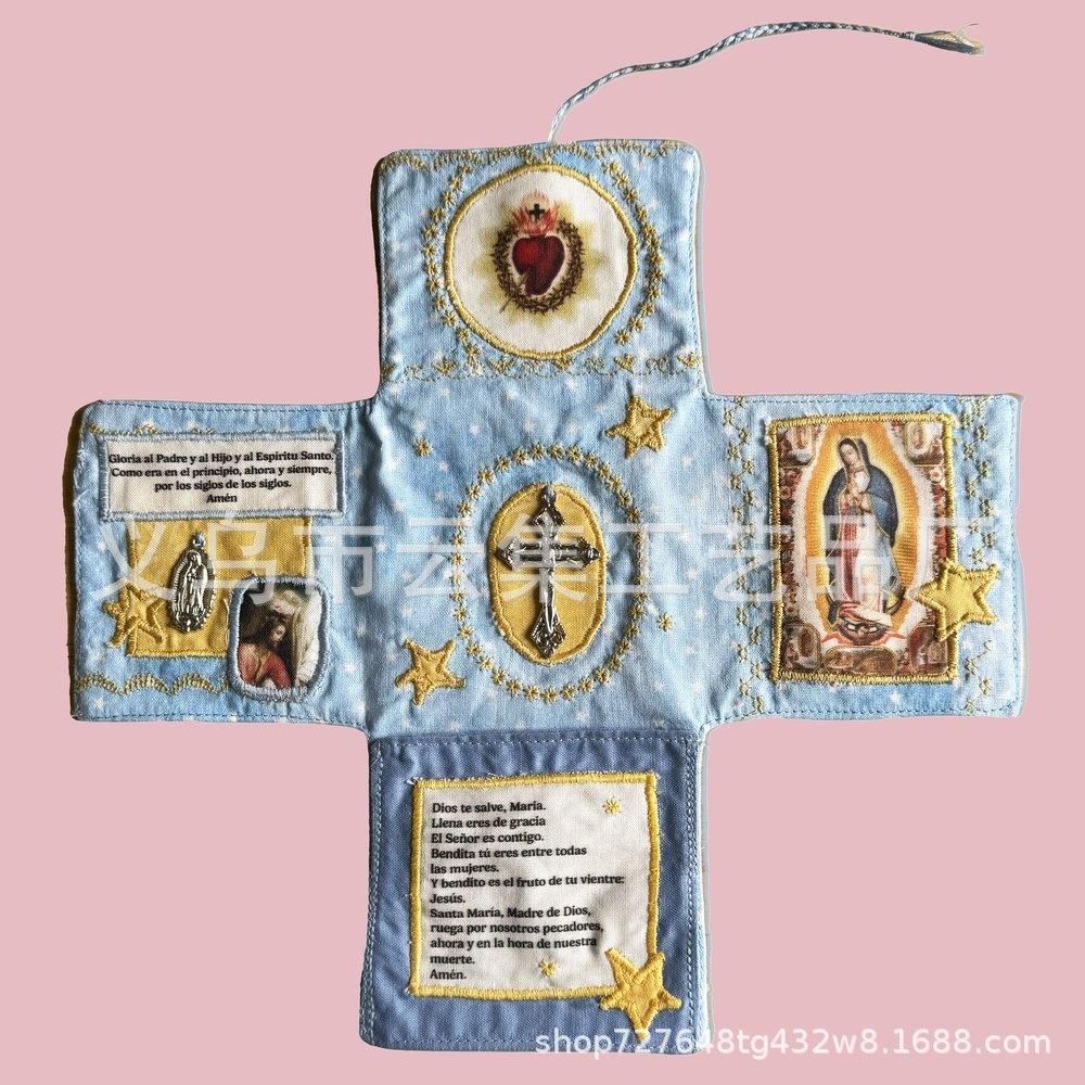 Bolsa Devocional Católica de Tecido em Forma de Cruz Feita à Mão com Crucifixo Imagem de Santo Virgem Maria para Uso Diário na Fé