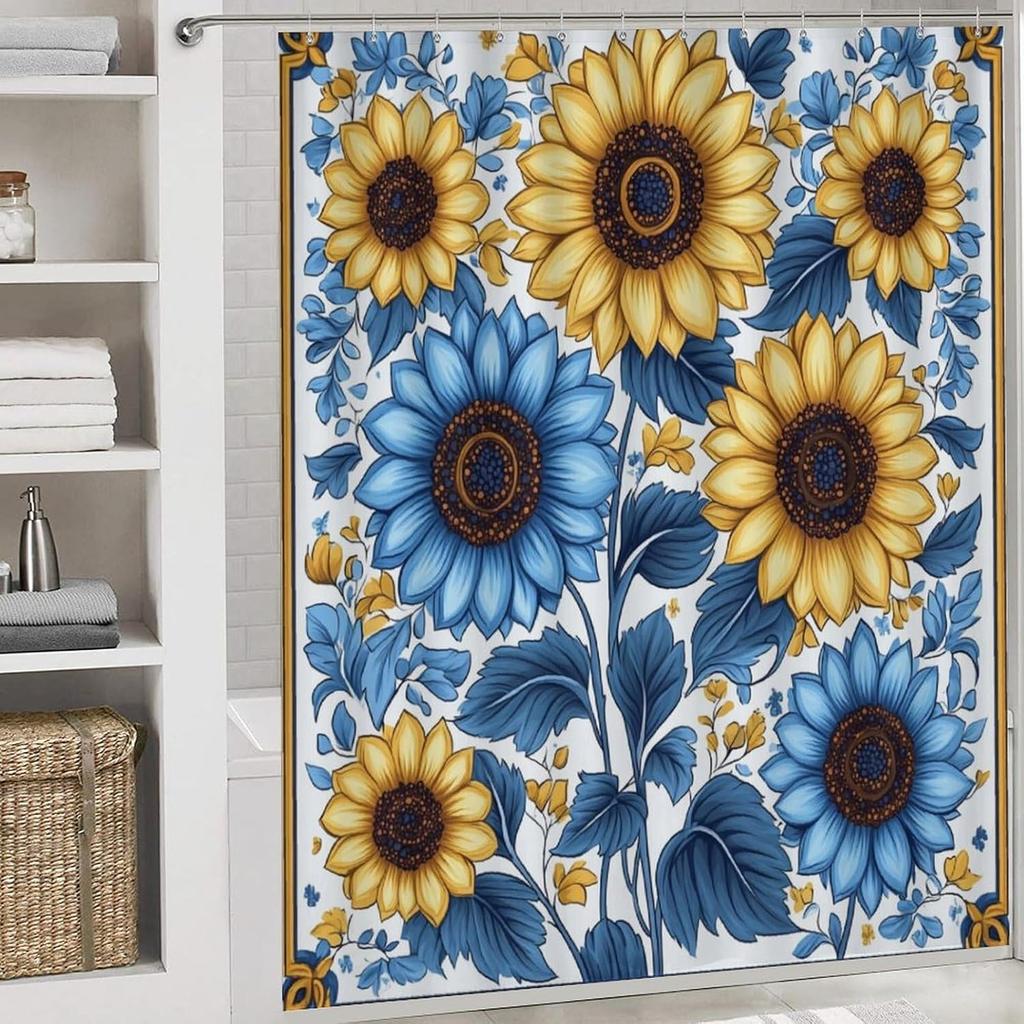 Bathroom Curtain And Rug Set, Sunflower Pattern Printed On Shower Curtain And Bath Mat Set, Designed For Farmhouse Contemporary