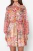 Women's Style Dress Orange Flower Patterned Shirt Collar Mini Lined Chiffon Woven Dress