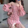 Women Off Shoulder Long Puff Sleeve Plaid Drawstring Bodycon Strapless Dress
