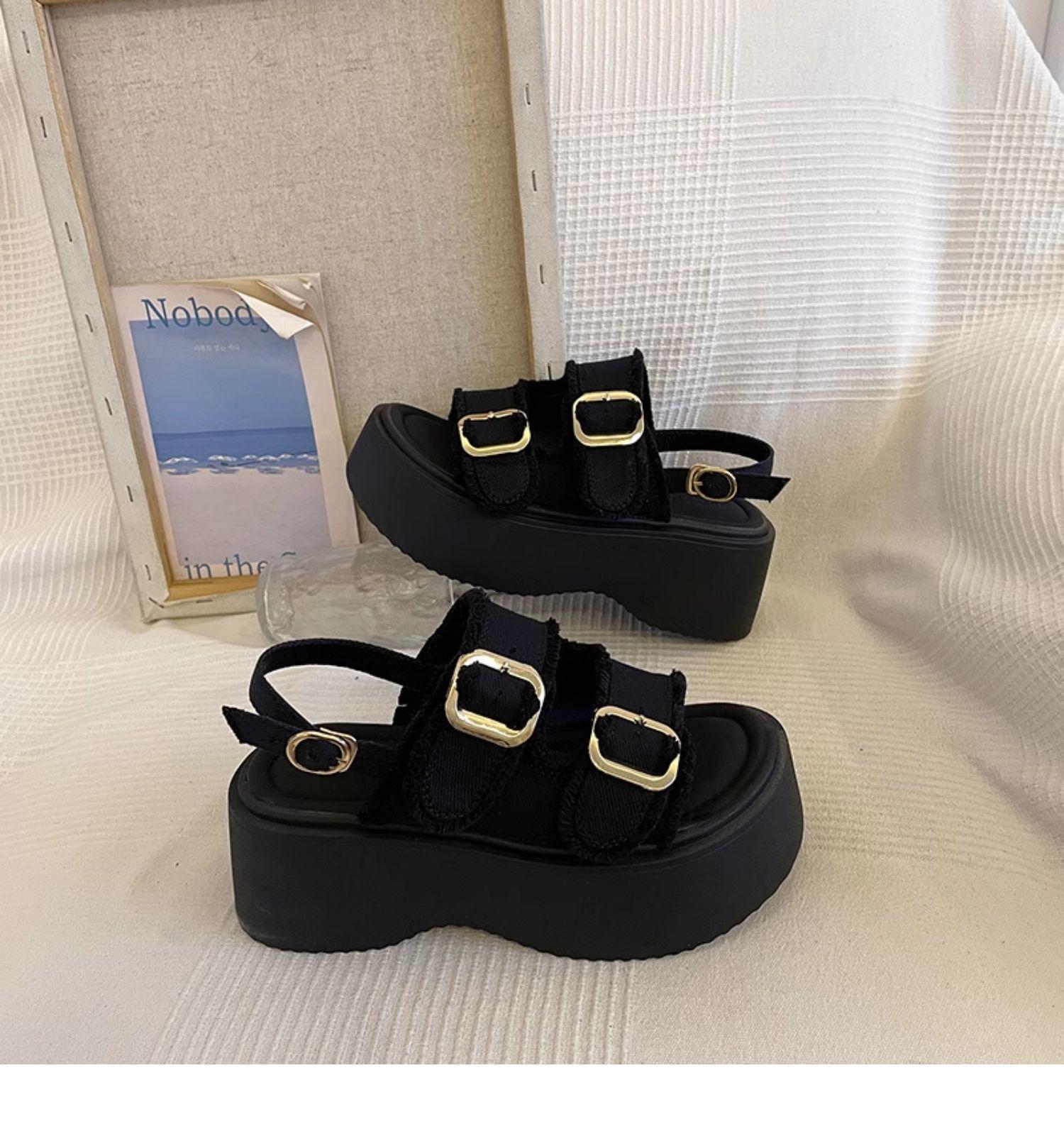 

С юбкой, на платформе-маффин, парусиновые сандалии, женская летняя обувь, высокое качество, новинка 2025 года, универсальная клиновидная подошва, римские сандалии 40 чёрный