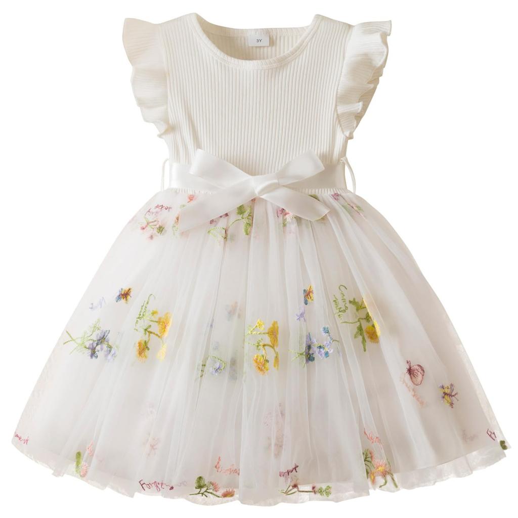 Girls Fashion Flower Embroidery Mesh Bow Sweet Children Princess Dress Puffy Dresses