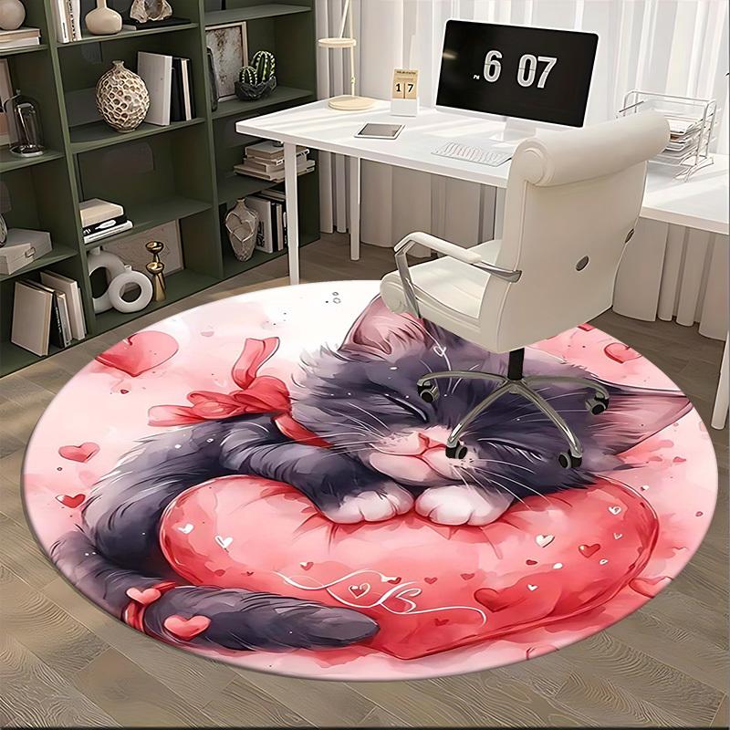 1pc Anime Design Round Carpet Cute Cat with Heart Print, Office Chair Mat, Non Slip Rug for Home Decor
