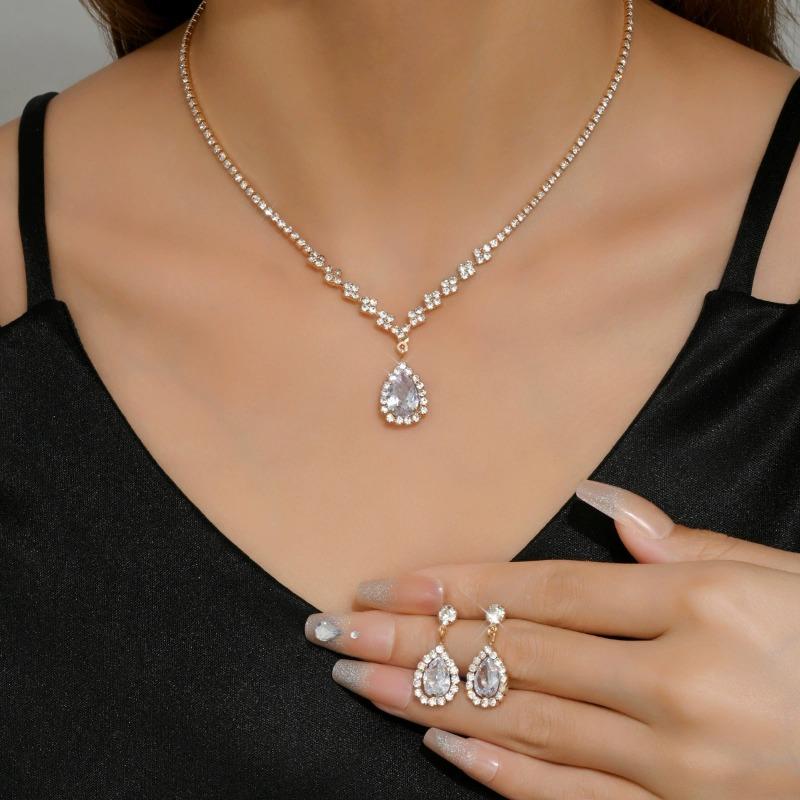 Silver Pink Teardrop Zircon Jewelry Set Necklace Drop Earrings For Women Wedding Gift
