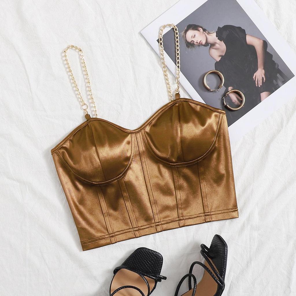 Sexy V Neck Metal Chain Tank Top Solid Halter Crop Tops Women Summer Camis Backless Camisole Fashion Casual Tube Female Sleeveless Cropped Vest Y2K