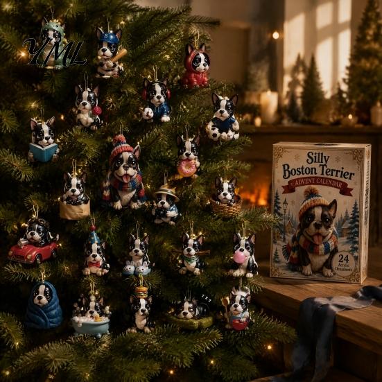 Set di Ornamenti di Natale Calendario dell'Avvento Cane 24 Giorni, Carini Ornamenti Appesi Piatto 2D Chihuahua, Regalo Conto alla Rovescia per le Feste per Amanti Diversi Acrilico