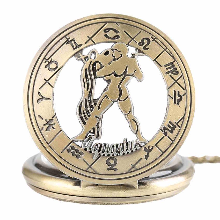 Retro Unisex Zodiac Constellation Aquarius Pocket Watches Gifts for Men Women with Chain