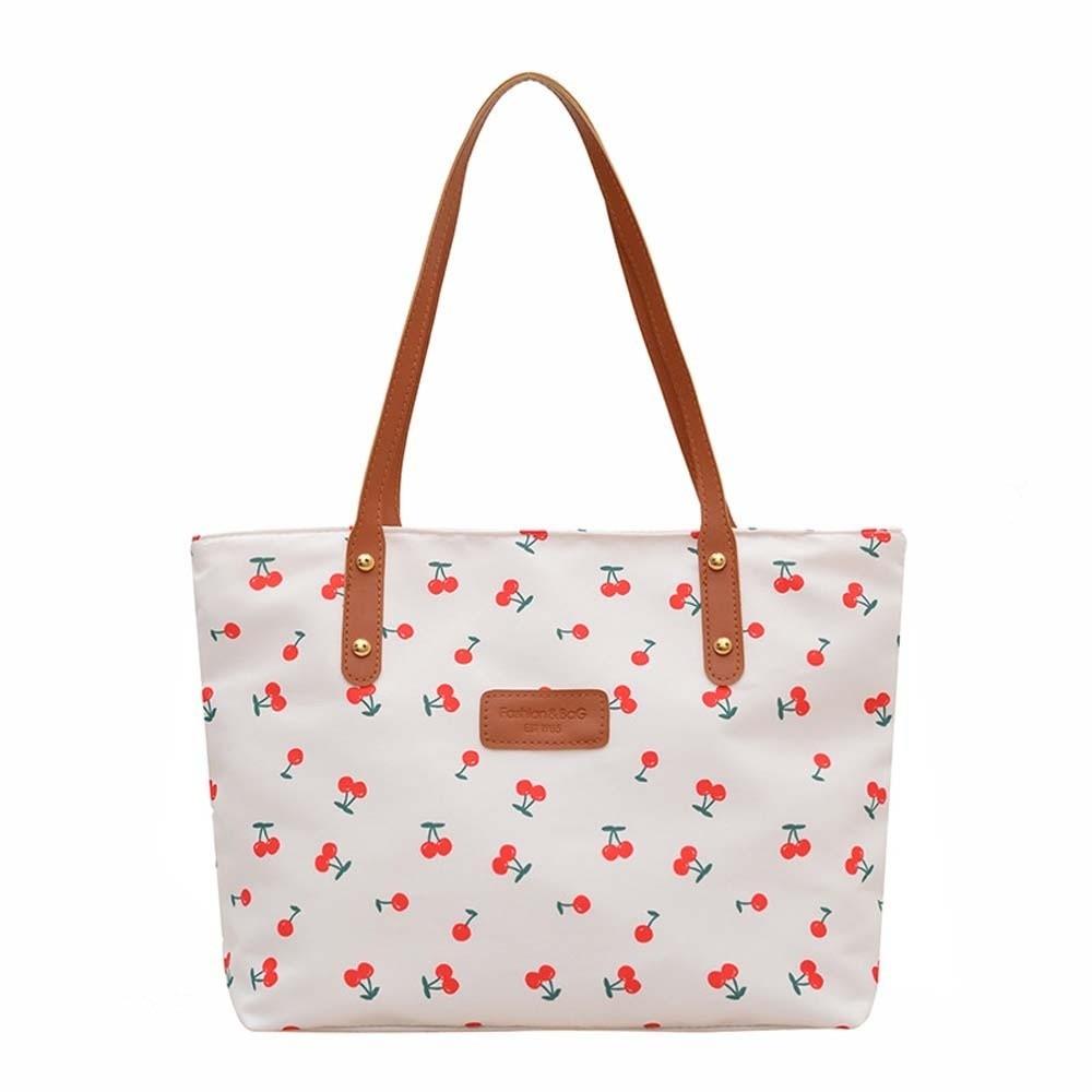 Korean Style Cherry Printed Tote Bag Large Capacity Lightweight Patterned Canvas Handbag Solid Color Trendy Women Shoulder Bag