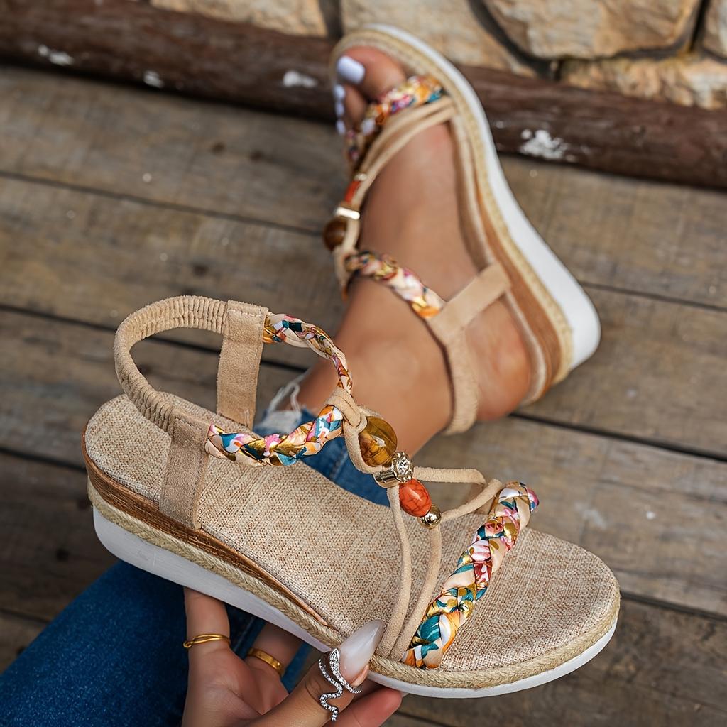 Thick-Heeled Platform Wedge Height-Increasing Rope Sole Fashion Casual Woven Lace-Up Sandals, Summer Versatile Flat Shoes