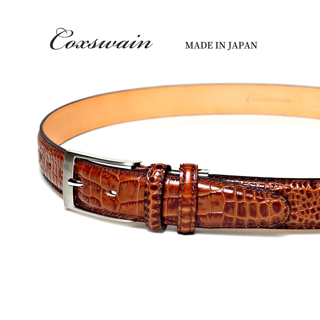 [COXSWAIN] Coxwain Herren Gürtel aus echtem Leder, Braun Krokodilprägung, 30 mm breit, Hergestellt in Japan, CW20203-36