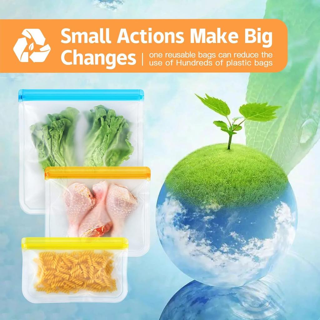 10 Pack Dishwasher Safe Reble Bags, Leakproof Reble Freezer Bags, BPA Free Food Storage Bags for Lunch Marinate Food Travel - 3 Gallon 3 Snack 4