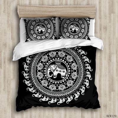Ensemble de literie Bohème 100% Polyester Blanc Noir Éléphant Indien Linge de lit Ensemble couette Taille King Literie Bohème Complète Enfants