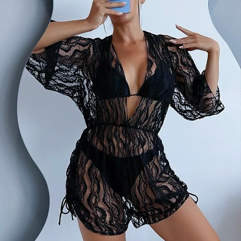 Long Sleeve Mesh Waist One-Piece Swimsuit High Waist Printed Drawstring Three-piece Bikini Skinny