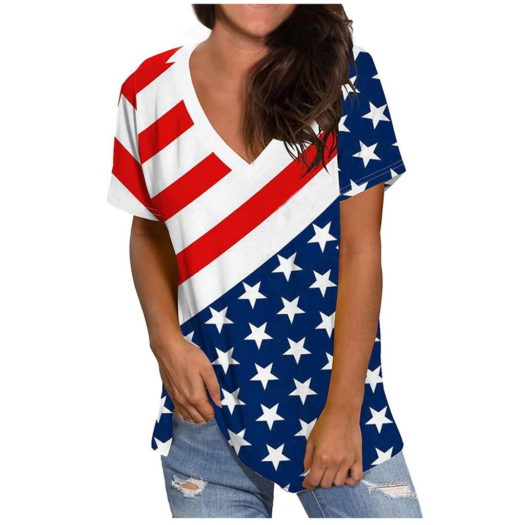 Independence Day Women's Casual V-Neck Loose Short Sleeve T-Shirt Blouse Tops