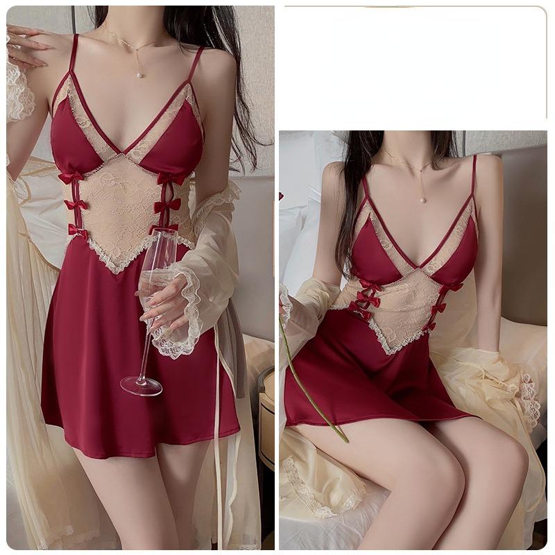 Sexy ryggløs forførende dyp V komfortabel pyjamas sløyfe stropp pyjamas kjole hjemme dress