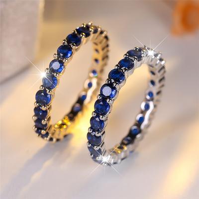 Blue Crystal Single Row Round Stone Rings For Women Vintage Trendy Gold Silver Color Wedding Band Bridal Engagement Gift