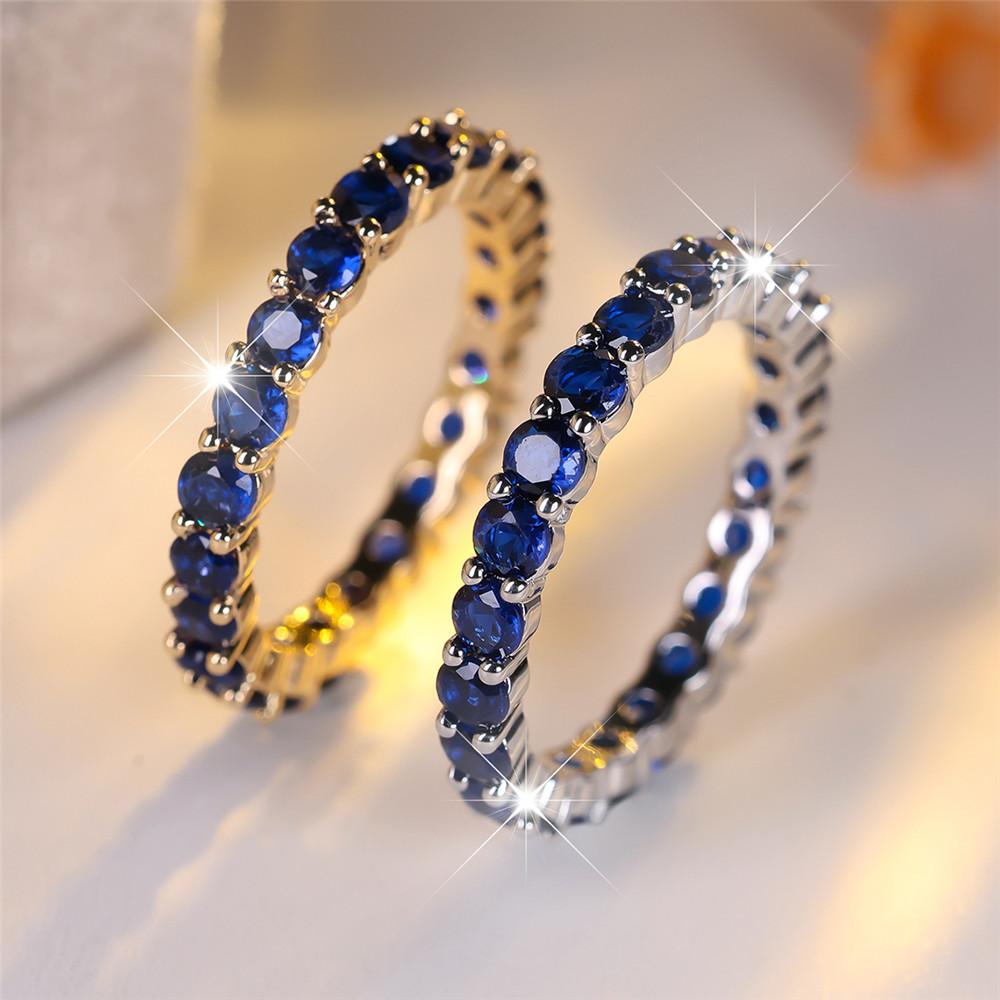 Blaue Kristall-Einfachreihe-Ringe mit runden Steinen für Damen, Vintage, Trendy, Gold-Silber-Farbe, Ehering, Brautschmuck, Verlobungsgeschenk