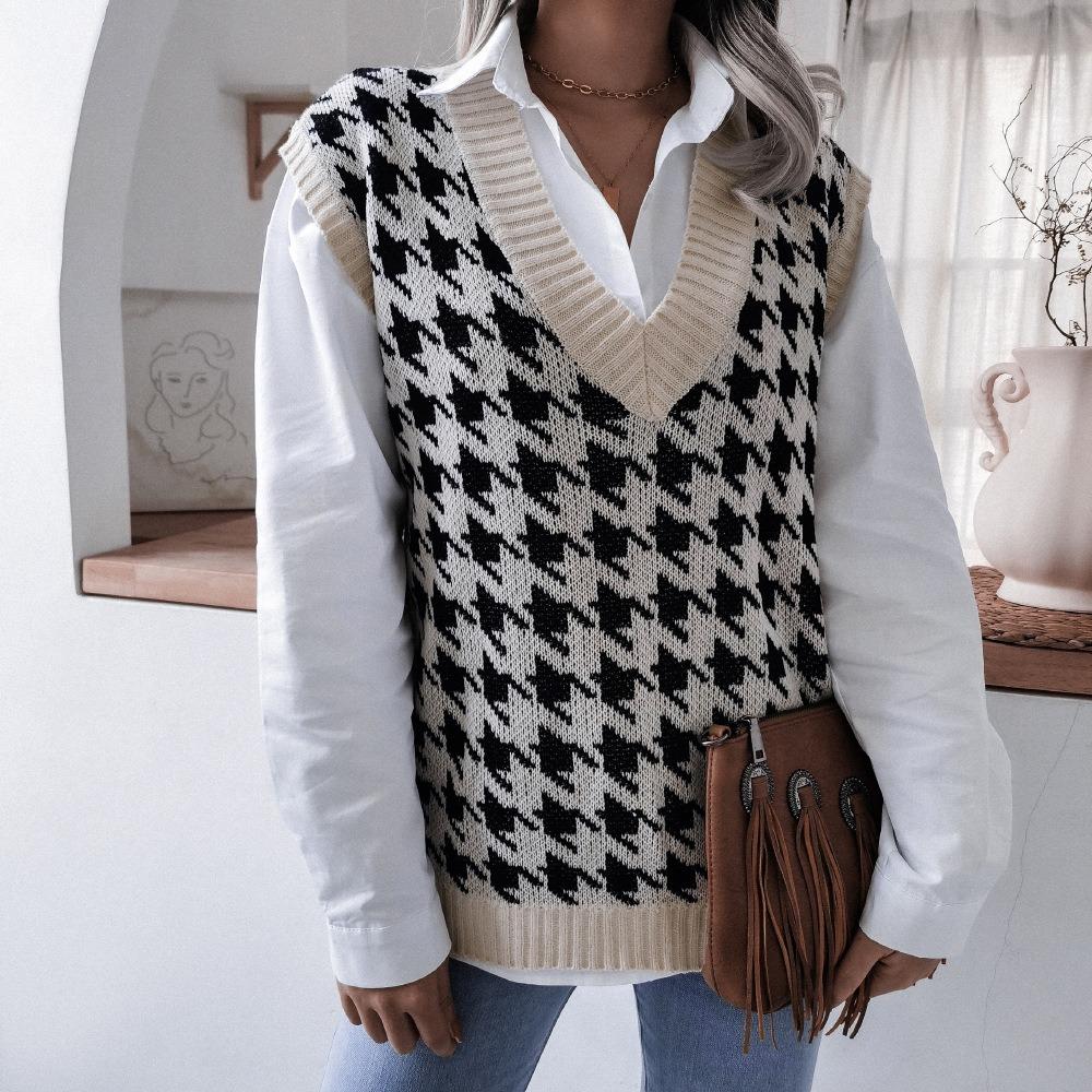 Houndstooth Casual Loose Knitted Vest Sweater Vest