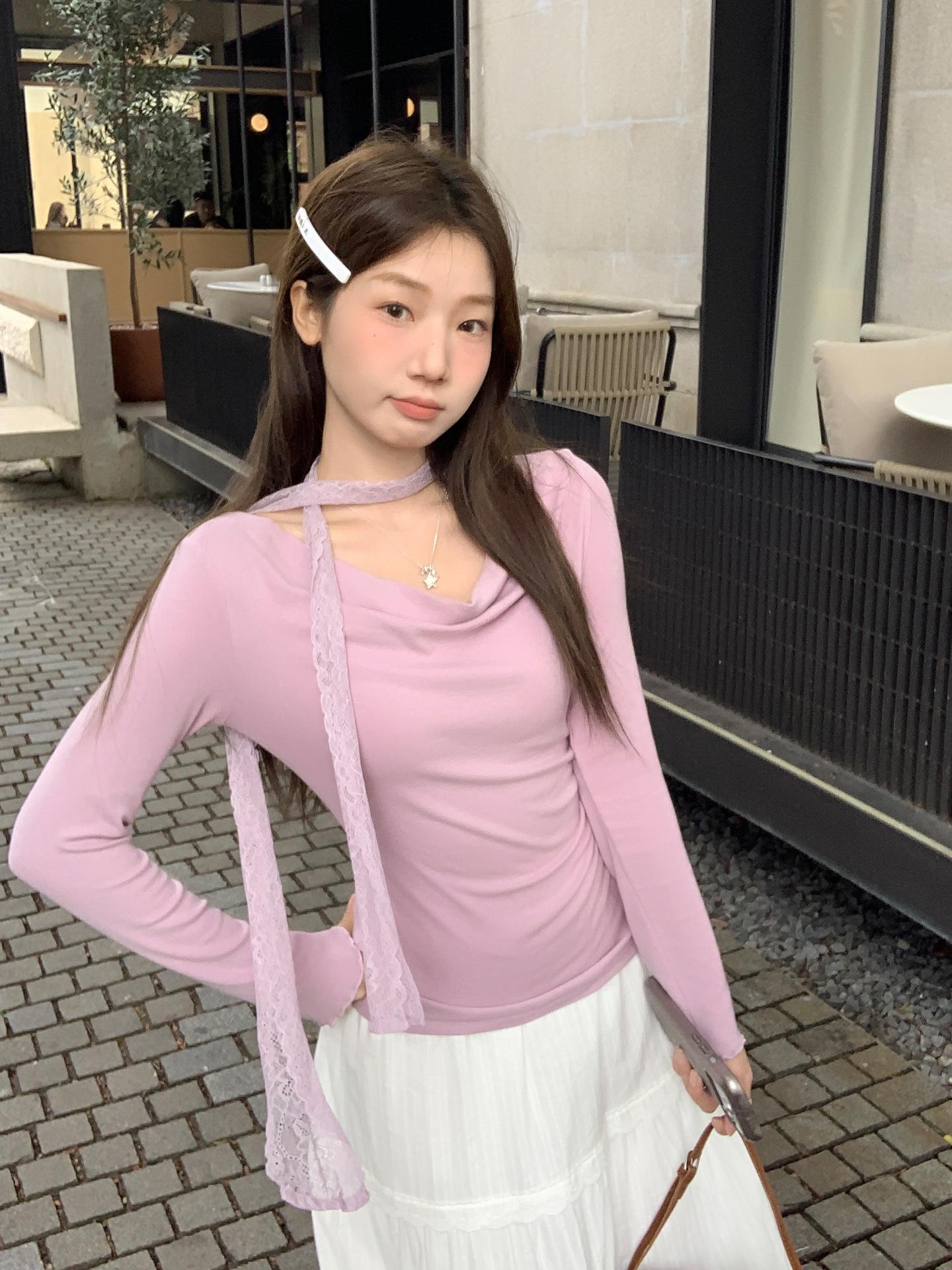 

Pure desire to swing collar, scarf, waist and thin irregular long-sleeved T-shirt women s spring and autumn beautiful fungus edge inner top XL фіолетовий