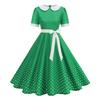 Women Vintage Collar Polka Dot Patchwork Short Sleeve Belted Flared Midi Dress for Casual and Daily Wear