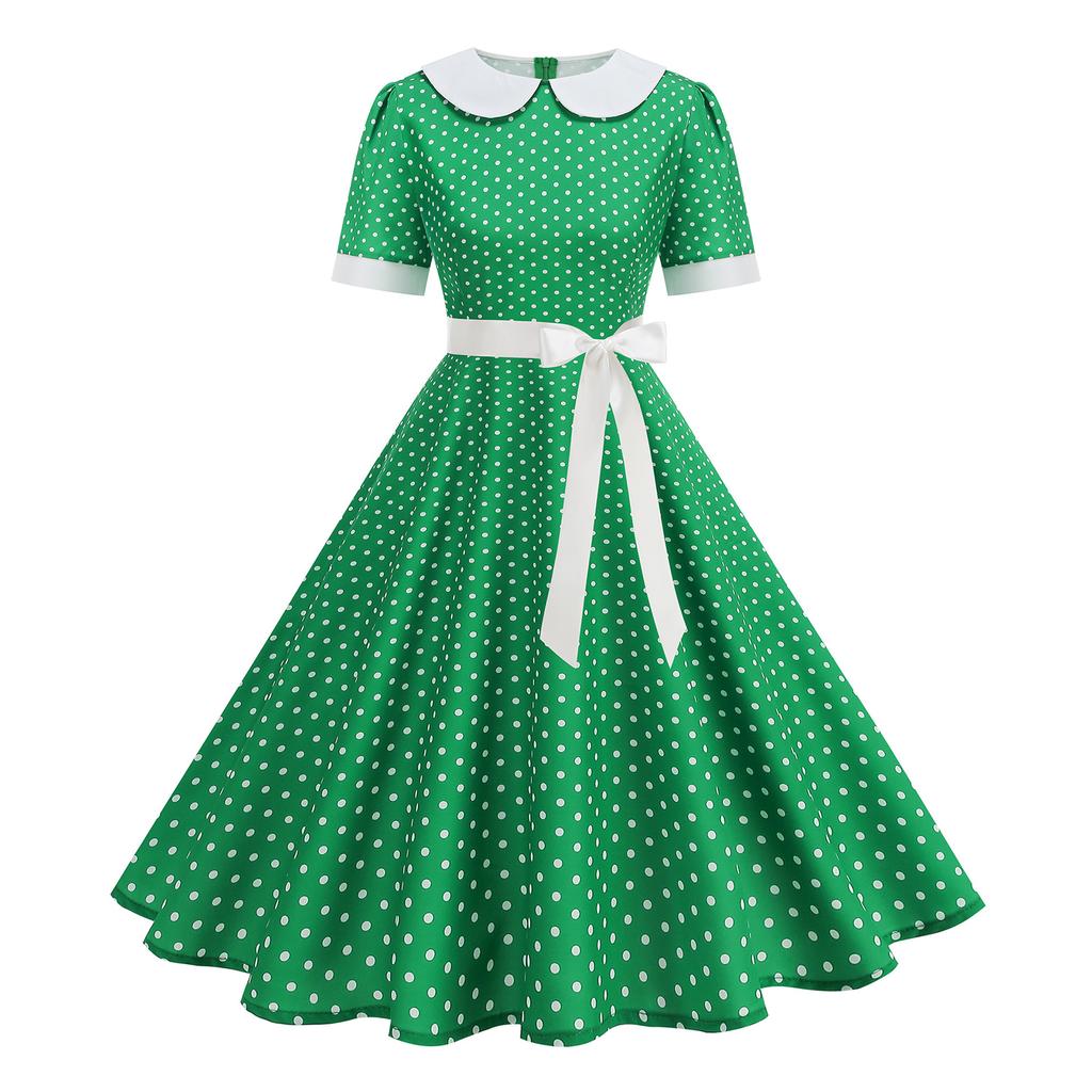 Women Vintage Collar Polka Dot Patchwork Short Sleeve Belted Flared Midi Dress for Casual and Daily Wear