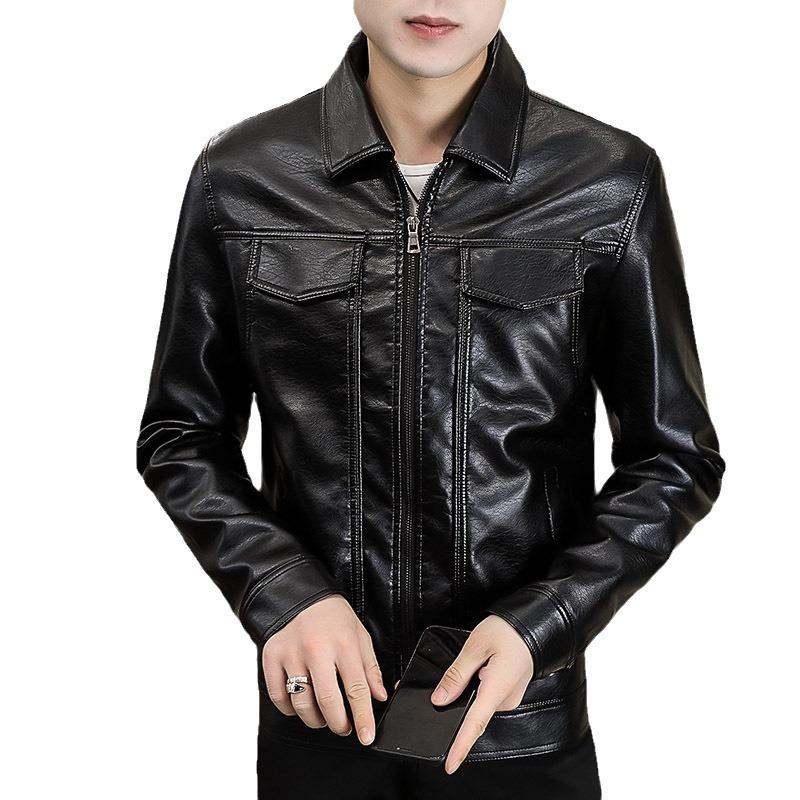 Spring and autumn young and middle-aged men's leather jacket trendy lapel casual short American trendy brand slim leather jacket men