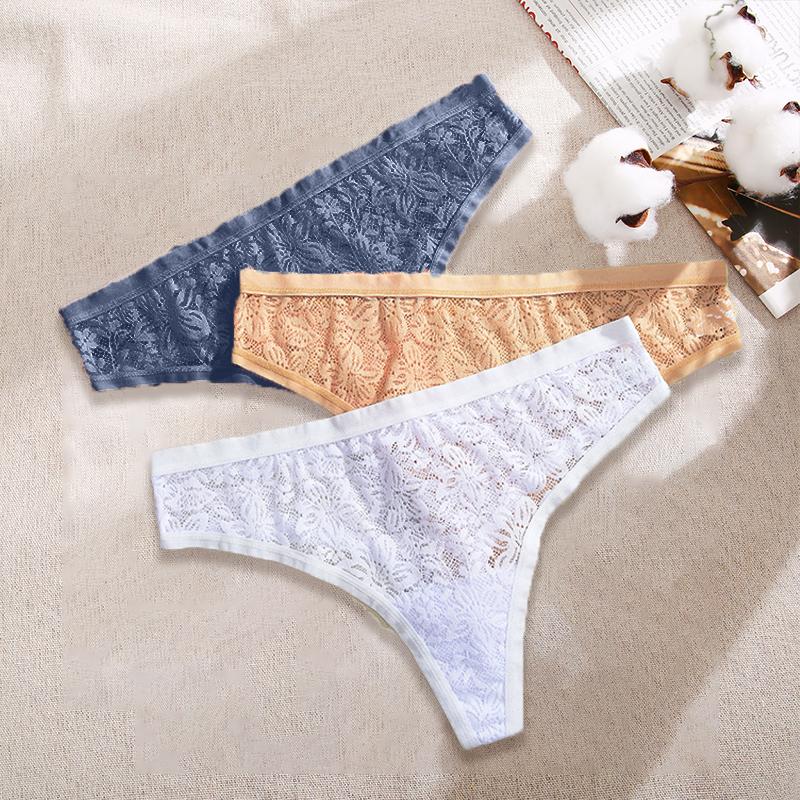 3Pcs/Set Women Sexy Lace Panties Lingerie Floral Sexy Low Waist Deep Color Thongs Ladies Underwear Fashion Soft Underpants S-XL
