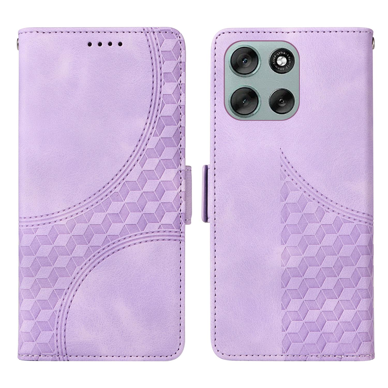 

For Motorola Moto G56 5G Leather Cases Wallet Rhombus Imprinted Phone Cover Stand with Strap Purple