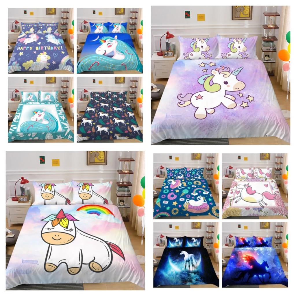 2023 Ny stil Dynetrekksett med Putetrekk Enhjørning Utskrift Sengedrakt King Queen Size Hjemmetekstiler Luksus Sengetrekksett