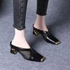Fashion Rivet Low Shoes Med Woman's Slippers Square Heel Pointed Toe Slides Heeled Mules 2025 Block Cover High Fabric Pumps Rome Rubber